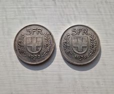 UNDER SPOT 2x Swiss 1932 Silver 5 Francs. Free Post!