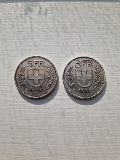 UNDER SPOT 2x Swiss 1932 Silver 5 Francs. Free Post!