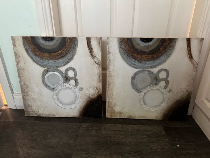 Pair of Contemporary Textured Abstract Canvas Paintings 50x50cm