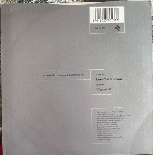 Erasure Love to hate you picture sleeve vinyl record single in vg+ condition