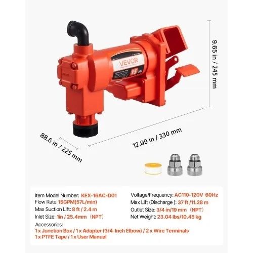 AC Electric Oil Transfer Pump, 8 ft/2.4 m Max Suction Lift, 37 ft/11.28 m Max Lift, Overheat Protection, for Gasoline Diesel Kerosene Biodiesel Ethanol