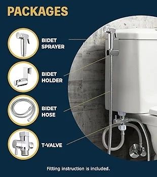 Handheld Bidet Sprayer Kits for UK Toilet Douche_ Shattaf Bidets with Bidet Hose, Spray Holder and T-Adapter  Glossy Silver