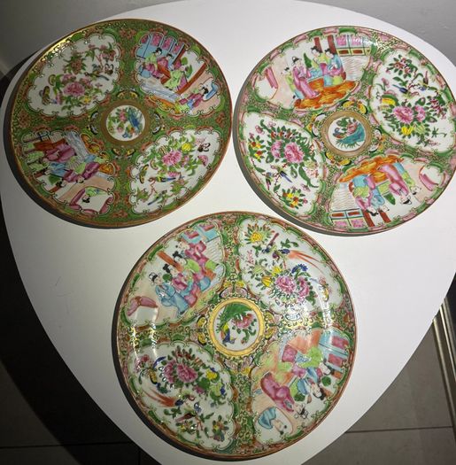 Set of 3 Antique 19th C. Chinese Export Rose Medallion Plates