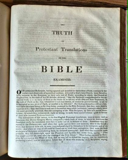 James A. M Namara. Controversial Rhemish Bible. Ireland, Cork City, 1818. The New Testament, Translated From The Latin Uulgate, First Published At The English College, At Rheims, A. D. 1582