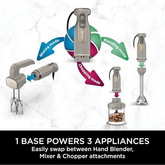 Foodi 3-in-1 Hand Blender, Hand Mixer & Chopper with Gradual Start, 2 Blending and 5 Mixing Speeds to Chop, Mix, Knead, Blend and more, Dishwasher Safe Parts, 850W, Stone Gold
