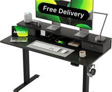 Height Adjustable Desk with Two Drawers, 120 x 60 cm Electric Computer Desks