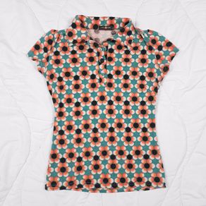 Smashed Lemon Orange Green 70s Vintage Retro Floral Geometric Pattern Polo Shirt Top Size S