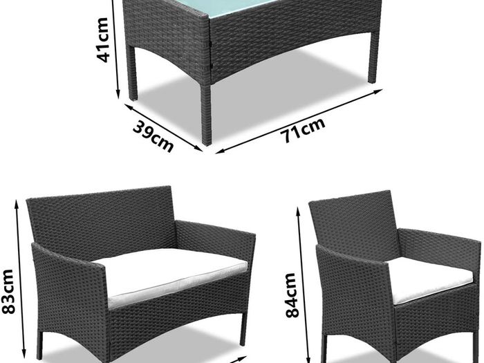 Garden Lounge Set, Balcony Furniture Set for 4 People, 7 Pieces, with Table, Seat Cushion, Washable, Plastic, Flat Rattan Look, for Balcony or Patio