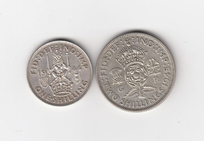 G.B.1944 &1945. 1/-,& 2/-, 50% Silver Coins ( no.439)