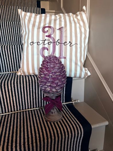 New bespoke oversized autumn Pinecone on distressed wood base in mulberry