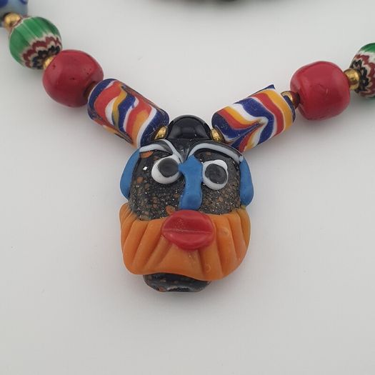 Vintage Venetian Style Mix Glass Beads & Old Face Pendant Necklace
