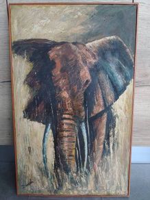 Signed original Large Vintage Impasto Elephant Painting