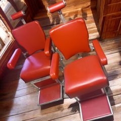 Vintage barber chairs, 1950s, leather redone, Bray