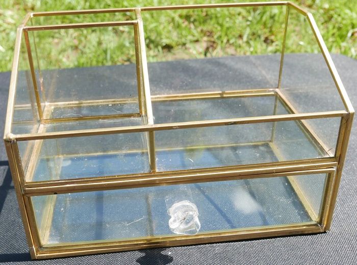 Vintage Gold clear glass large storage jewelers makeup box 7,2" x 4,4" H-3"