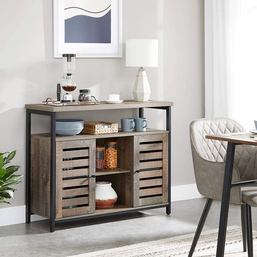 Sideboard, side cabinet, kitchen cabinet with open shelves, hall cabinet, chest of drawers with lamellar doors, living room, dining room, office, hallway, industrial design, pale
