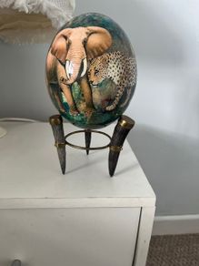 Authentic African Ostrich Egg Art & Vintage Horn/Brass Stand