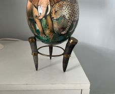Authentic African Ostrich Egg Art & Vintage Horn/Brass Stand