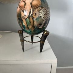 Authentic African Ostrich Egg Art & Vintage Horn/Brass Stand