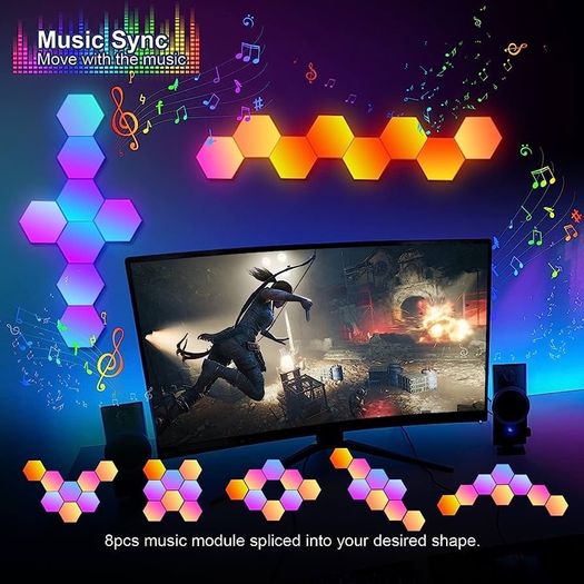 Hexagon LED Lights 8 Pack Hex Wall Light RGB Gaming Panels Hexagonal Smart Lighting Panel Sync to Music for Room Bar Gaming Setup Bedroom