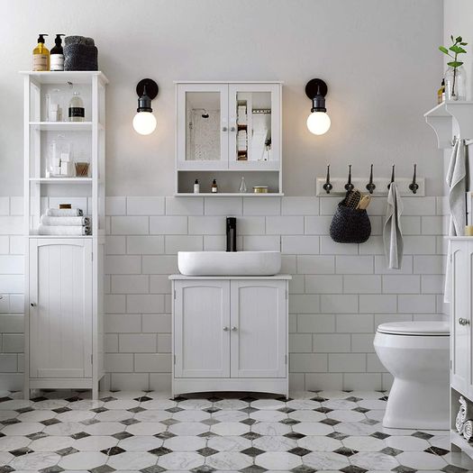 Vanity unit, vanity unit, vanity unit, bathroom cabinet with 2 doors, adjustable shelf, lots of storage space, free-standing, country house style, 60 x 30 x 60 cm, white