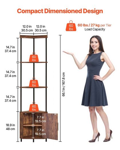 5 Tier Corner Shelf, Tall Corner Stand with LED Light and Doors, Wall Shelves Tower Storage Organizer, Metal Frame & Wooden Shelves