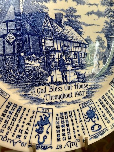 Vintage 1987 Calendar Plate English Blue and White Ironstone Rustic Wall Decor Retro Gift