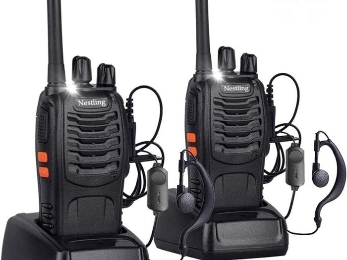 2Pcs Rechargeable Walkie Talkies Long Range 2 Way Radio + Original Earpieces Walky Talky 16CH Single Band Supports VOX LED Light Voice Prompt for Biking and Hiking (FREE POSTAGE)