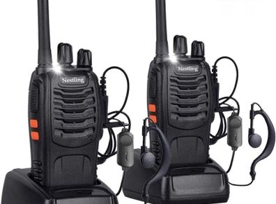 2Pcs Rechargeable Walkie Talkies Long Range 2 Way Radio + Original Earpieces Walky Talky 16CH Single Band Supports VOX LED Light Voice Prompt for Biking and Hiking (FREE POSTAGE)