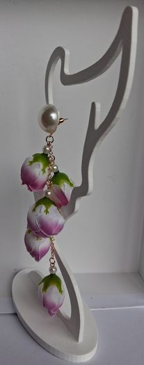 Cottagecore - Pink & White Rose Bud Round Pearl Stud Cascading Tassedl Earrings
