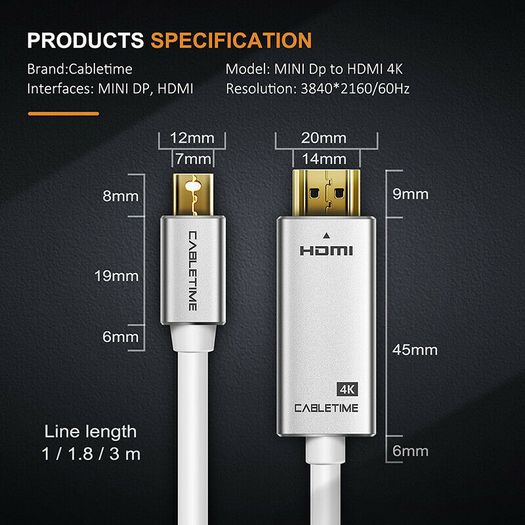 Cabletime 2M Mini DisplayPort to HDMI 4K@60Hz Male (Video-Audio) TV (Gold-Plated) Cable (Brand New/Warranty)