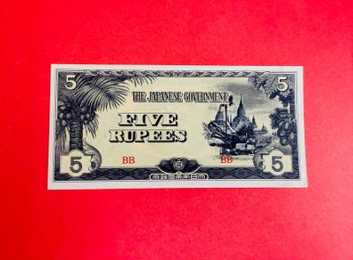 Japanese  Invasion  Money  BURMA  5 RUPEES  1942 WORLD WAR 11 ( Uncirculated )