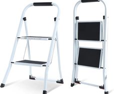 2 Step Ladder Folding Ladder, Portable With Anti-Slip Mat & Comfortable Soft Handgrip, Heavy Duty Steel - Easy to Store Ladders, 150KG Max Capacity (2 white) (SVSL04V1)