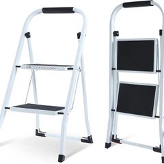 2 Step Ladder Folding Ladder, Portable With Anti-Slip Mat & Comfortable Soft Handgrip, Heavy Duty Steel - Easy to Store Ladders, 150KG Max Capacity (2 white) (SVSL04V1)