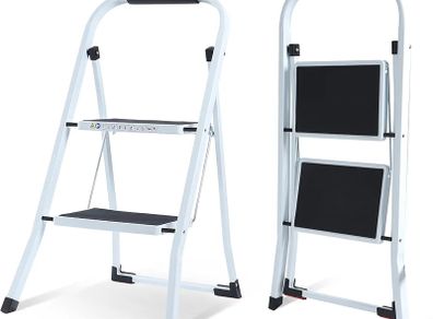 2 Step Ladder Folding Ladder, Portable With Anti-Slip Mat & Comfortable Soft Handgrip, Heavy Duty Steel - Easy to Store Ladders, 150KG Max Capacity (2 white) (SVSL04V1)