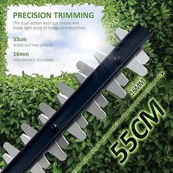 Hedge Trimmer and Cutter - 600W - 55cm Diamond Cutting Blade - 16mm Tooth Opening - 6M Power Cable - Ultra-Light 2.5Kg - Two-Way Safety Switch - Soft Grip Handle