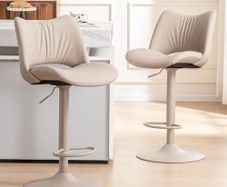 Bar Stools Set of 2, Modern Breakfast Barstools with Open Backrest, Swivel Adjustable PU Leather Counter Height Kitchen Stools for Home Bar with Metal Footrest, All Khaki