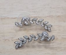 Sterling Silver 925 Leaf Ear Climber Earrings Cubic Zirconia Crawlers
