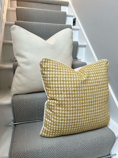 Handmade Mustard Yellow Houndstooth Cushion Covers with Cream Piping  Pair, 20 x 20 Inches