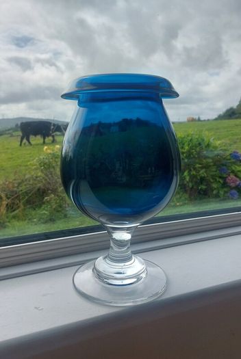 Stunning Vintage Oversized Hand-Blown Glass Brandy Balloon Vase With a Turnover Rim, In a Fantastic Petrol Blue with a Clear Stem and Foot, Perfect as a Hurricane-Style Candle Holder