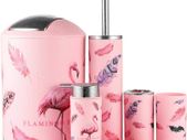 Modern Design 6 Piece Plastic Bathroom Accessory Set Luxury Bath Accessories Bath Set Lotion Bottles,Toothbrush Holder,Tooth Mug,Soap Dish,Toilet Brush,Rubbish (Flamingo)