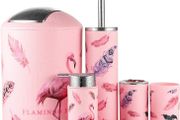 Modern Design 6 Piece Plastic Bathroom Accessory Set Luxury Bath Accessories Bath Set Lotion Bottles,Toothbrush Holder,Tooth Mug,Soap Dish,Toilet Brush,Rubbish (Flamingo)