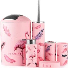 Modern Design 6 Piece Plastic Bathroom Accessory Set Luxury Bath Accessories Bath Set Lotion Bottles,Toothbrush Holder,Tooth Mug,Soap Dish,Toilet Brush,Rubbish (Flamingo)