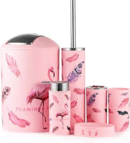 Modern Design 6 Piece Plastic Bathroom Accessory Set Luxury Bath Accessories Bath Set Lotion Bottles,Toothbrush Holder,Tooth Mug,Soap Dish,Toilet Brush,Rubbish (Flamingo)