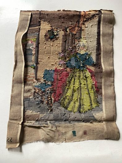 Vintage Penelope / Needlepoint Tapestry Design No. 3922) depicting a interior genre scene of a woman in a blue bodice and yellow skirt arranging flowers by a table.