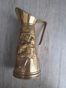 Vintage Peerage England Brass Pitcher Watering Can with Embossed Scene