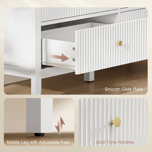 Fluted Dresser, 6 Drawer Chest of Drawers for Bedroom, Living Room, Hallway, Closet, White