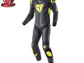 R-Tech Rising Star Motorcycle Cow/Kangaroo Leather Racing Suit (Black/Fluorescent Yellow) - FREE SHIPPING
