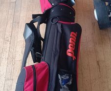 golf clubs, bag, trolley..