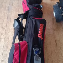 golf clubs, bag, trolley..