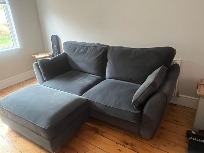 Deep Blue velvet sofa with matching ottoman